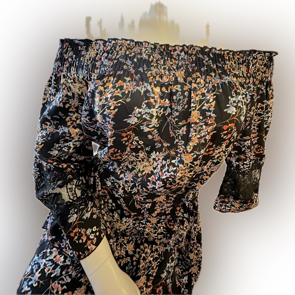 Silky Black Floral Dress, Lace Detail, On/Off Shoulder, 3/4 Sleeves, Sz Med, EUC - Picture 9 of 12